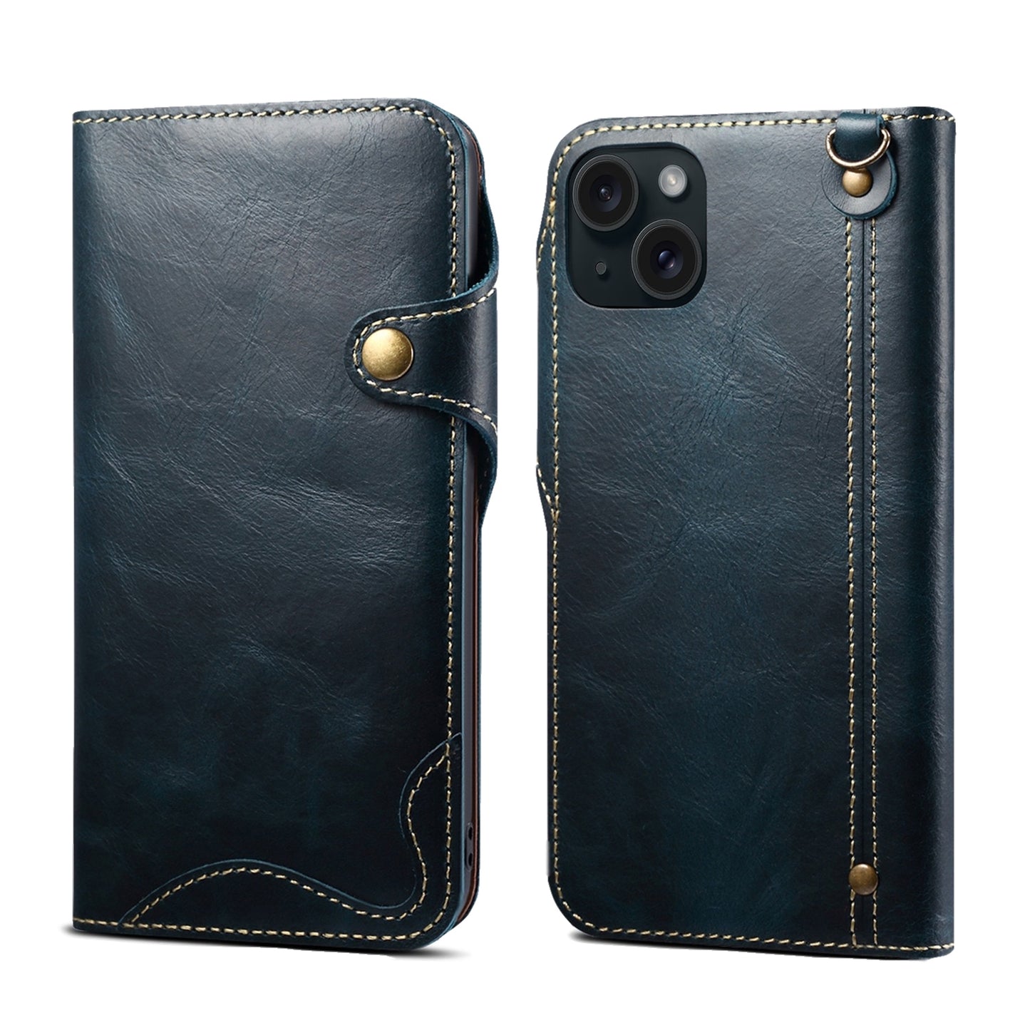 ELECTROPRIME For iPhone 15 Denior Oil Wax Cowhide Magnetic Button Genuine Leather Case(Dark Blue)