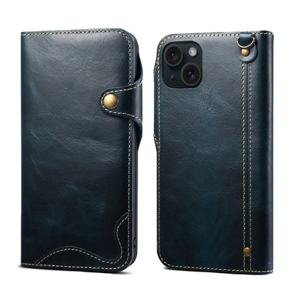 ELECTROPRIME For iPhone 15 Denior Oil Wax Cowhide Magnetic Button Genuine Leather Case(Dark Blue)