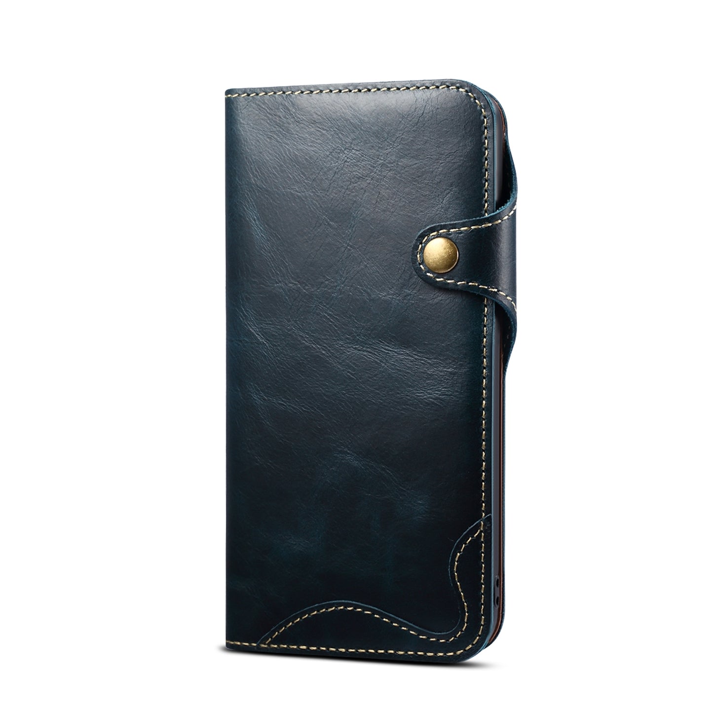 ELECTROPRIME For iPhone 15 Denior Oil Wax Cowhide Magnetic Button Genuine Leather Case(Dark Blue)