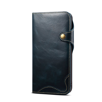 ELECTROPRIME For iPhone 15 Denior Oil Wax Cowhide Magnetic Button Genuine Leather Case(Dark Blue)