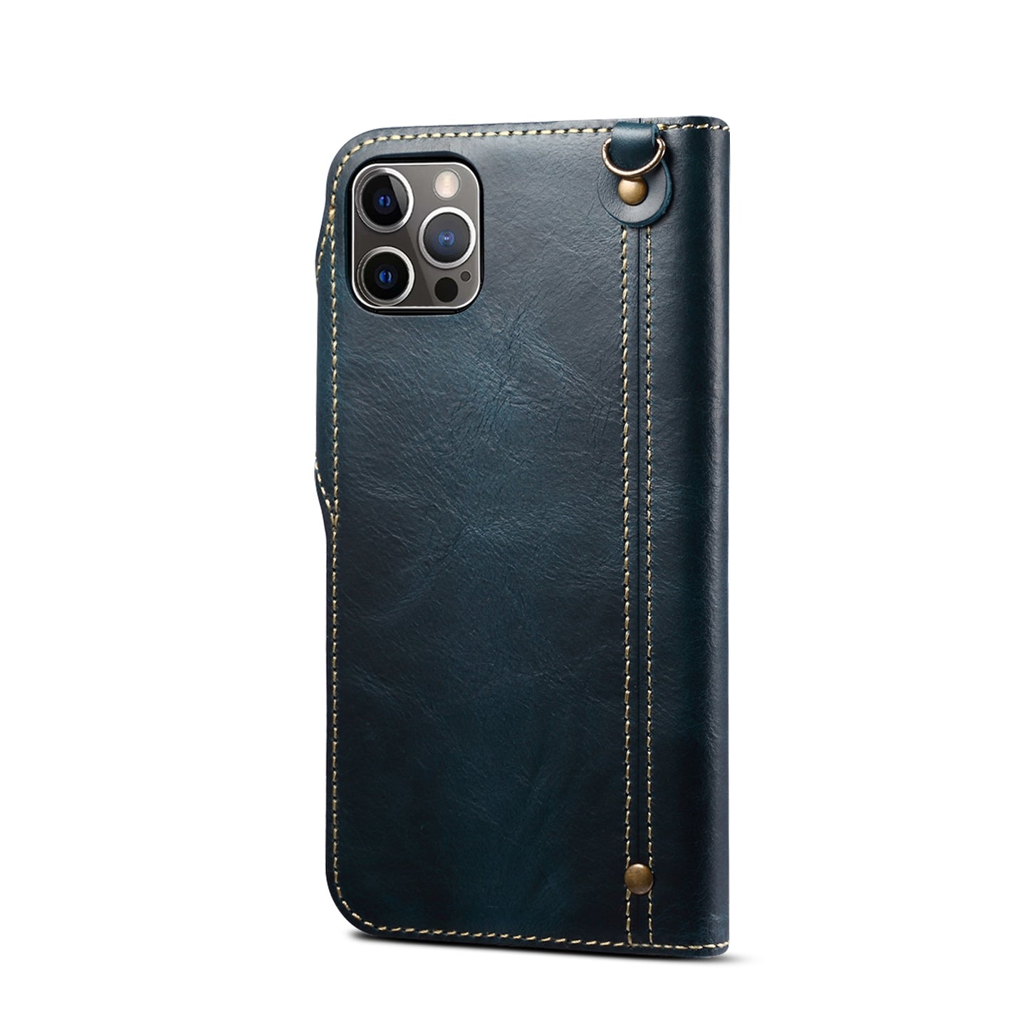 ELECTROPRIME For iPhone 15 Denior Oil Wax Cowhide Magnetic Button Genuine Leather Case(Dark Blue)