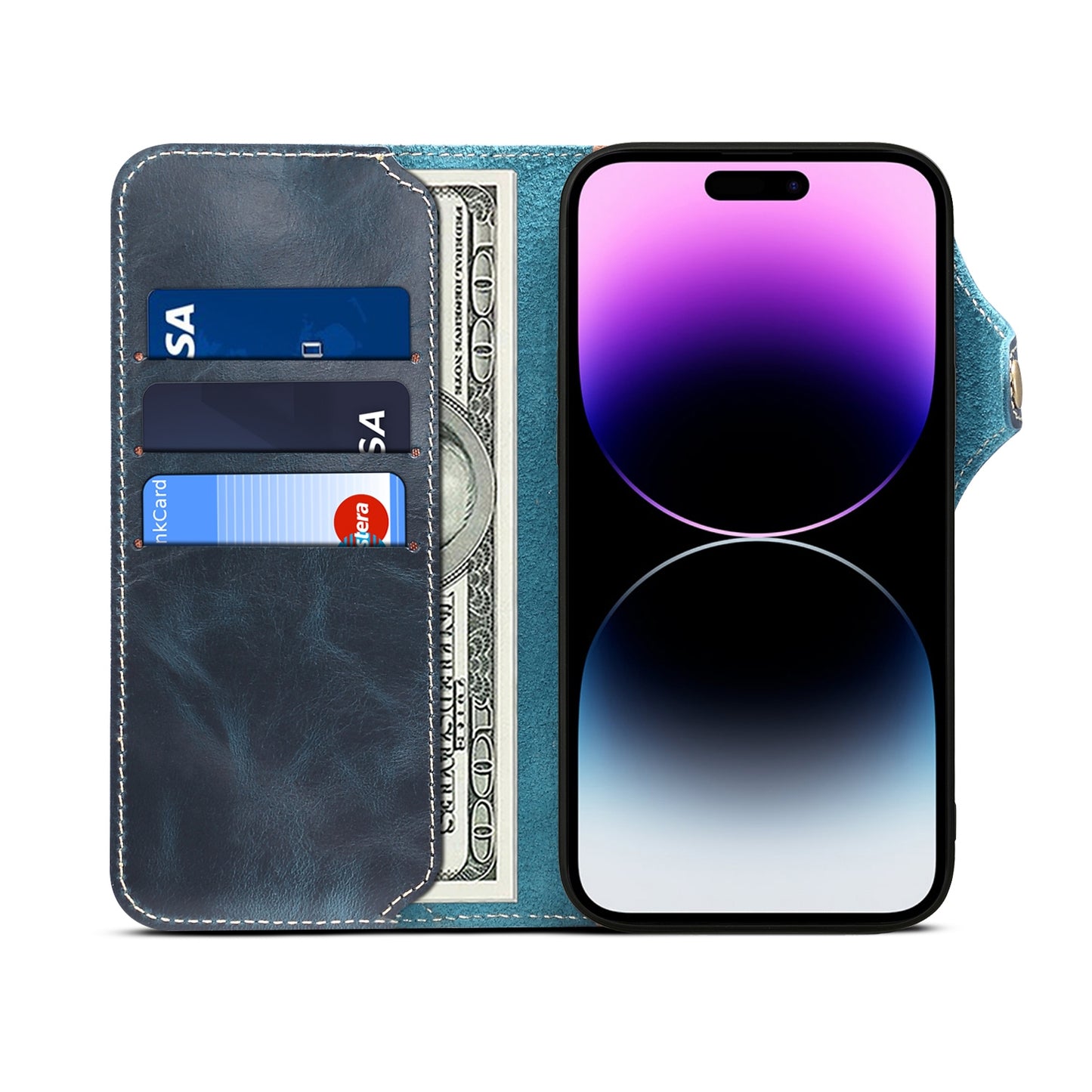 ELECTROPRIME For iPhone 15 Denior Oil Wax Cowhide Magnetic Button Genuine Leather Case(Dark Blue)