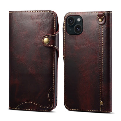 ELECTROPRIME For iPhone 15 Denior Oil Wax Cowhide Magnetic Button Genuine Leather Case(Dark Red)