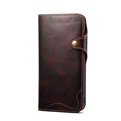 ELECTROPRIME For iPhone 15 Denior Oil Wax Cowhide Magnetic Button Genuine Leather Case(Dark Red)