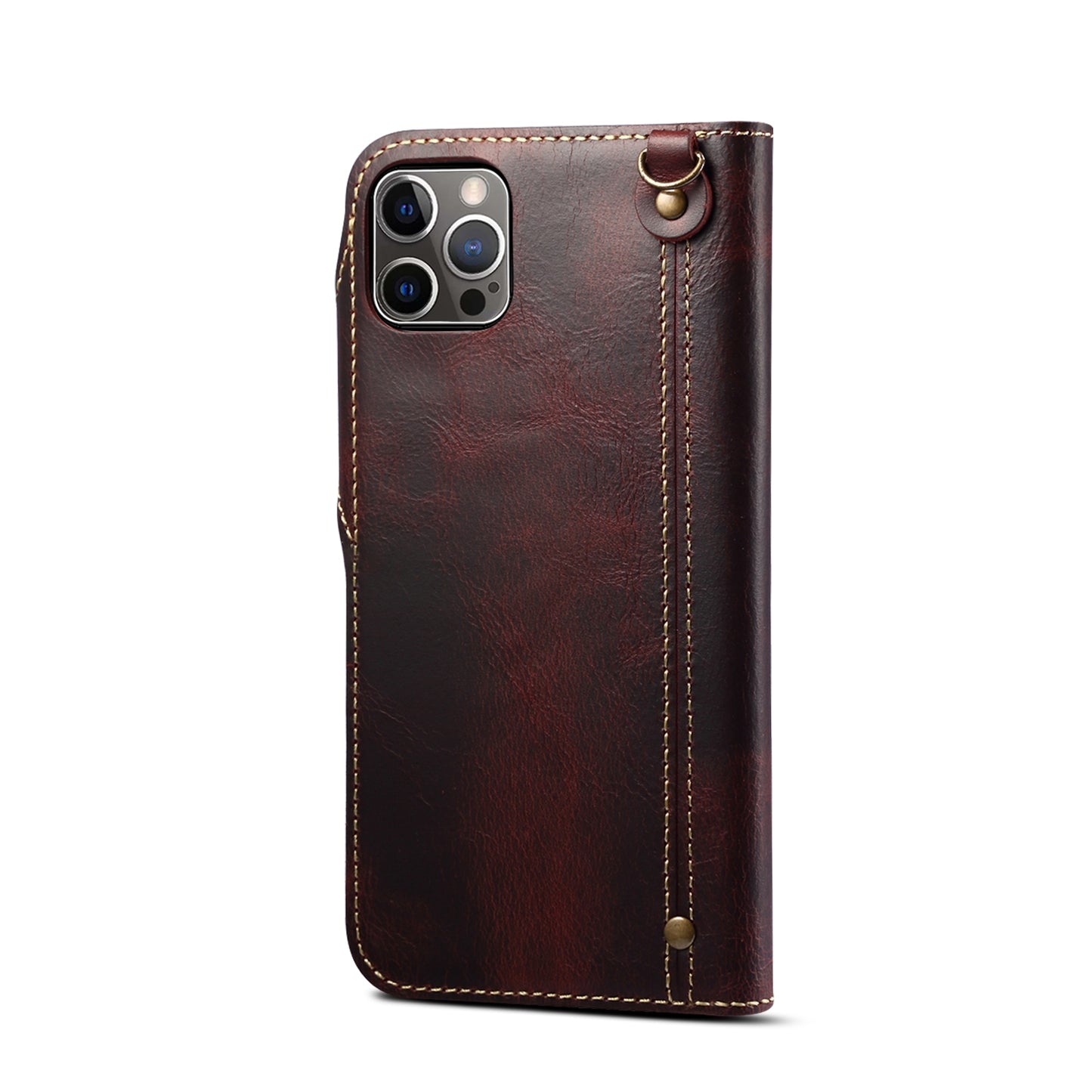 ELECTROPRIME For iPhone 15 Denior Oil Wax Cowhide Magnetic Button Genuine Leather Case(Dark Red)