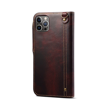 ELECTROPRIME For iPhone 15 Denior Oil Wax Cowhide Magnetic Button Genuine Leather Case(Dark Red)