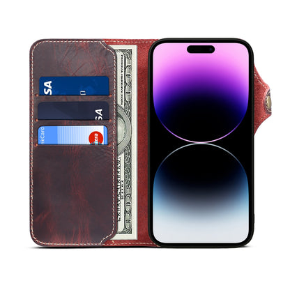 ELECTROPRIME For iPhone 15 Denior Oil Wax Cowhide Magnetic Button Genuine Leather Case(Dark Red)