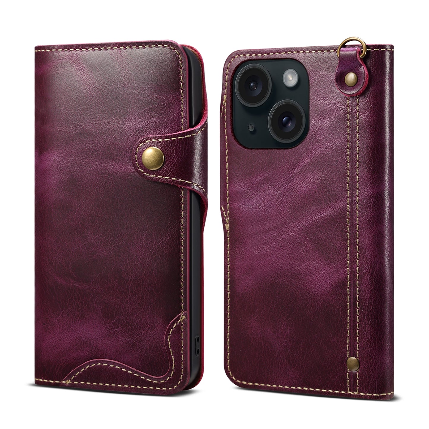 ELECTROPRIME For iPhone 15 Denior Oil Wax Cowhide Magnetic Button Genuine Leather Case(Purple)