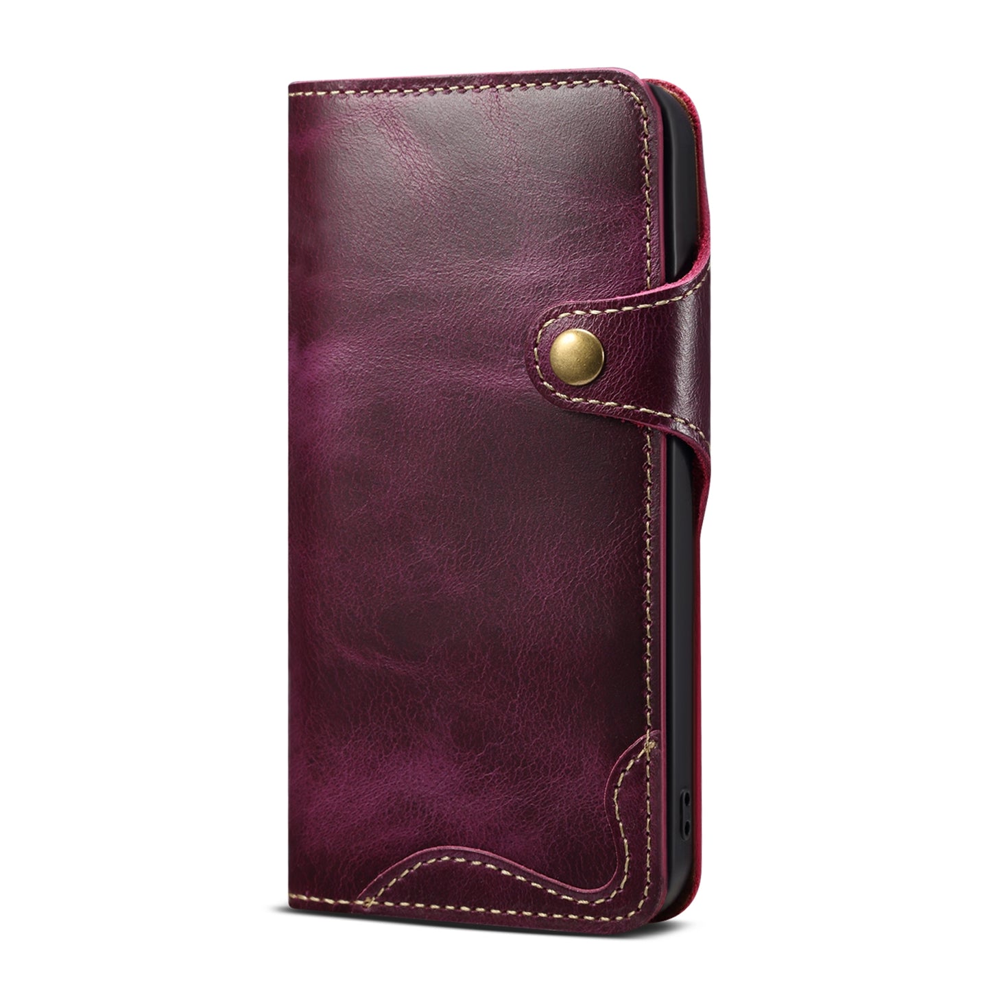 ELECTROPRIME For iPhone 15 Denior Oil Wax Cowhide Magnetic Button Genuine Leather Case(Purple)