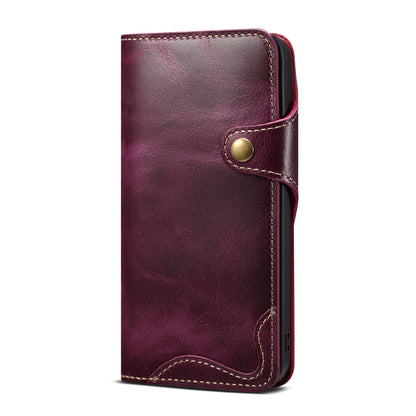 ELECTROPRIME For iPhone 15 Denior Oil Wax Cowhide Magnetic Button Genuine Leather Case(Purple)