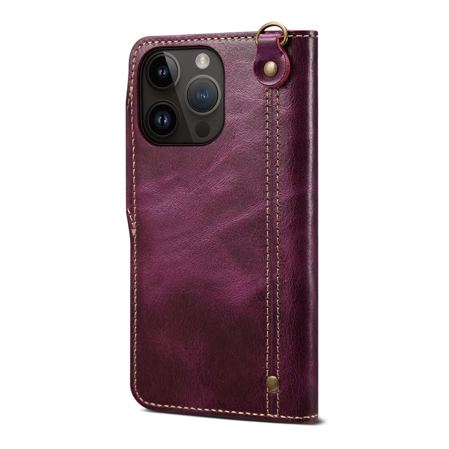 ELECTROPRIME For iPhone 15 Denior Oil Wax Cowhide Magnetic Button Genuine Leather Case(Purple)