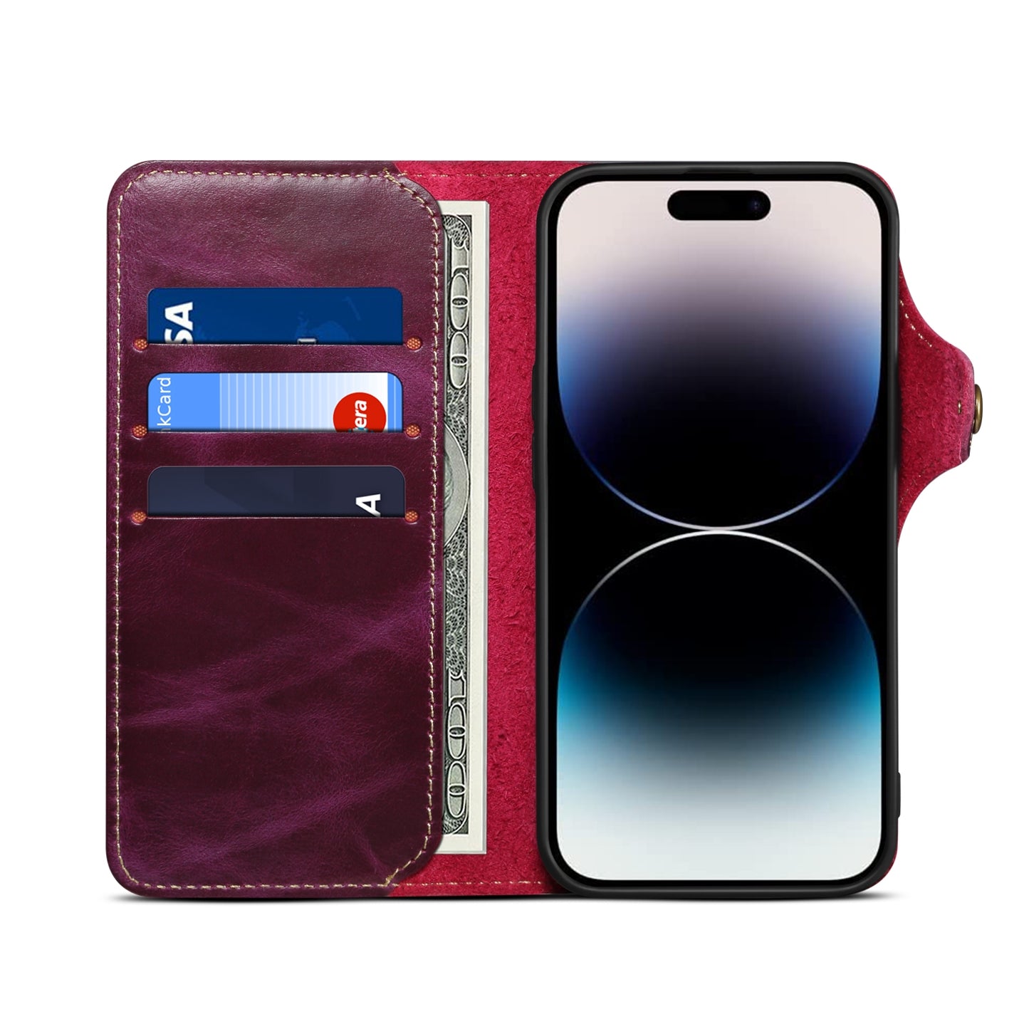 ELECTROPRIME For iPhone 15 Denior Oil Wax Cowhide Magnetic Button Genuine Leather Case(Purple)