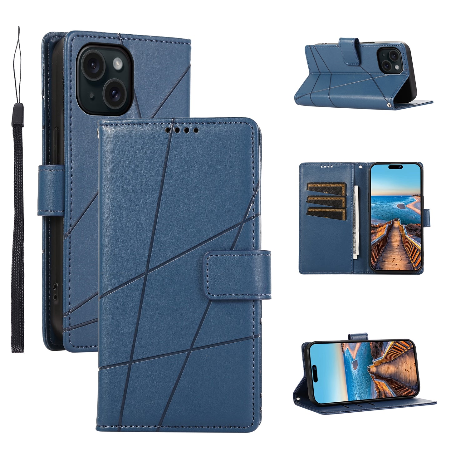ELECTROPRIME For iPhone 15 PU Genuine Leather Texture Embossed Line Phone Case(Blue)