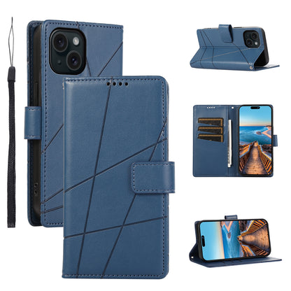 ELECTROPRIME For iPhone 15 PU Genuine Leather Texture Embossed Line Phone Case(Blue)