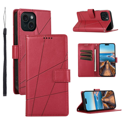 ELECTROPRIME For iPhone 15 PU Genuine Leather Texture Embossed Line Phone Case(Red)