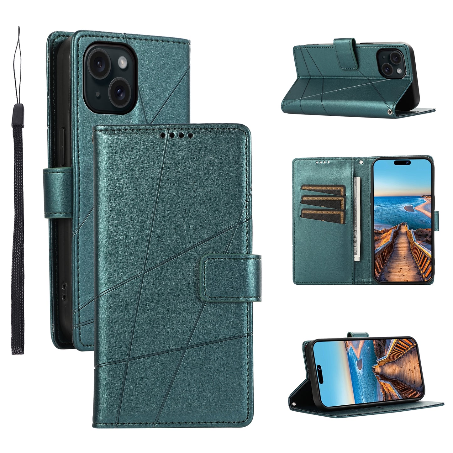ELECTROPRIME For iPhone 15 PU Genuine Leather Texture Embossed Line Phone Case(Green)