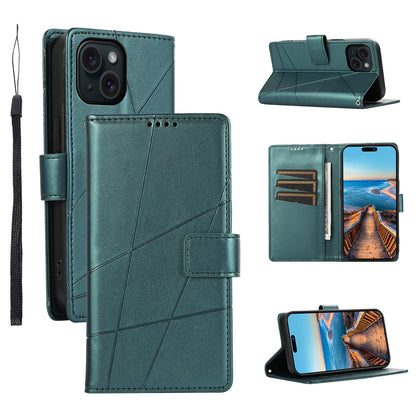 ELECTROPRIME For iPhone 15 PU Genuine Leather Texture Embossed Line Phone Case(Green)