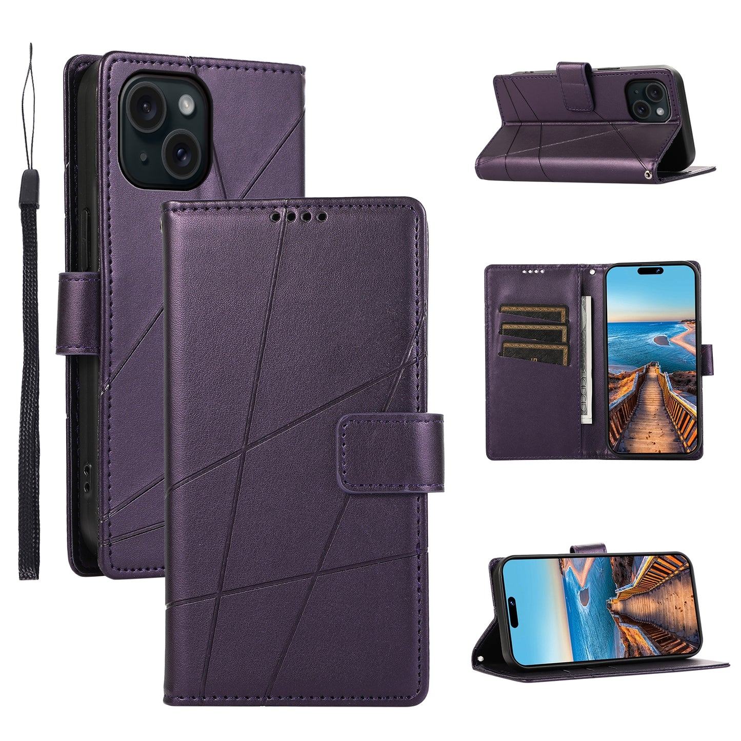 ELECTROPRIME For iPhone 15 PU Genuine Leather Texture Embossed Line Phone Case(Purple)
