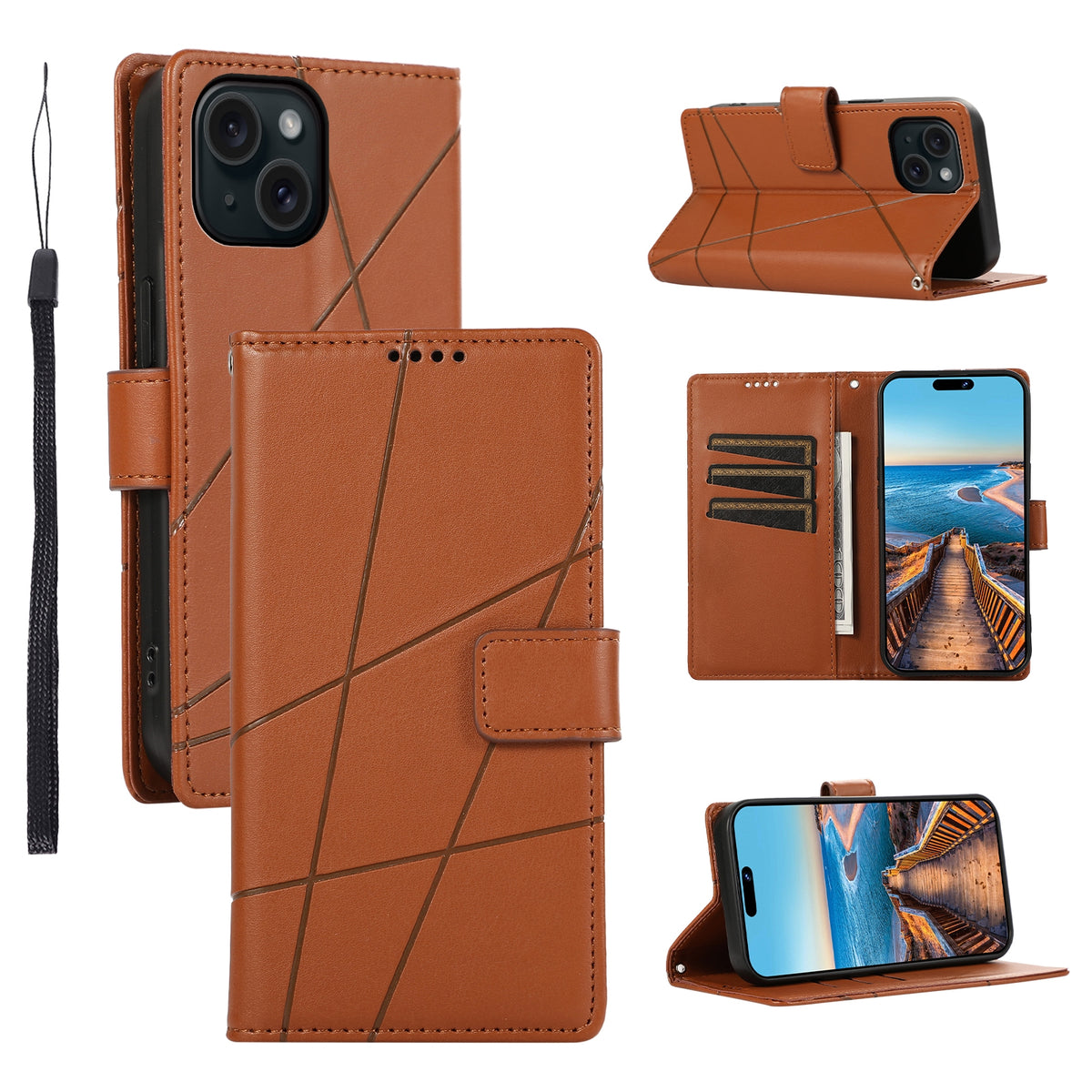 ELECTROPRIME For iPhone 15 Plus PU Genuine Leather Texture Embossed Line Phone Case(Brown)