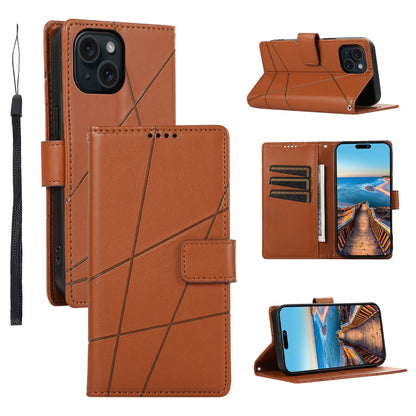 ELECTROPRIME For iPhone 15 Plus PU Genuine Leather Texture Embossed Line Phone Case(Brown)