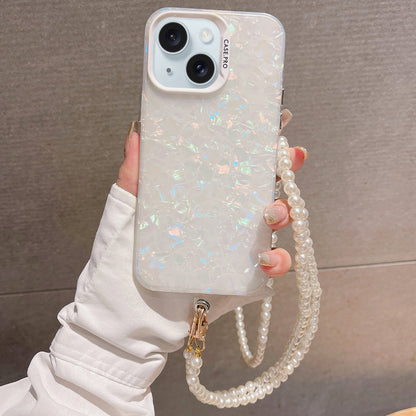ELECTROPRIME For iPhone 15 Plus Shell Texture Crossbody Pearl Chain TPU Hybrid Acrylic Phone Case(White)