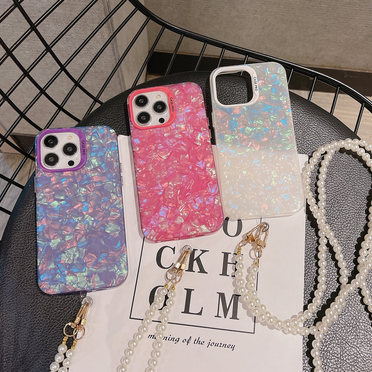 ELECTROPRIME For iPhone 15 Plus Shell Texture Crossbody Pearl Chain TPU Hybrid Acrylic Phone Case(White)