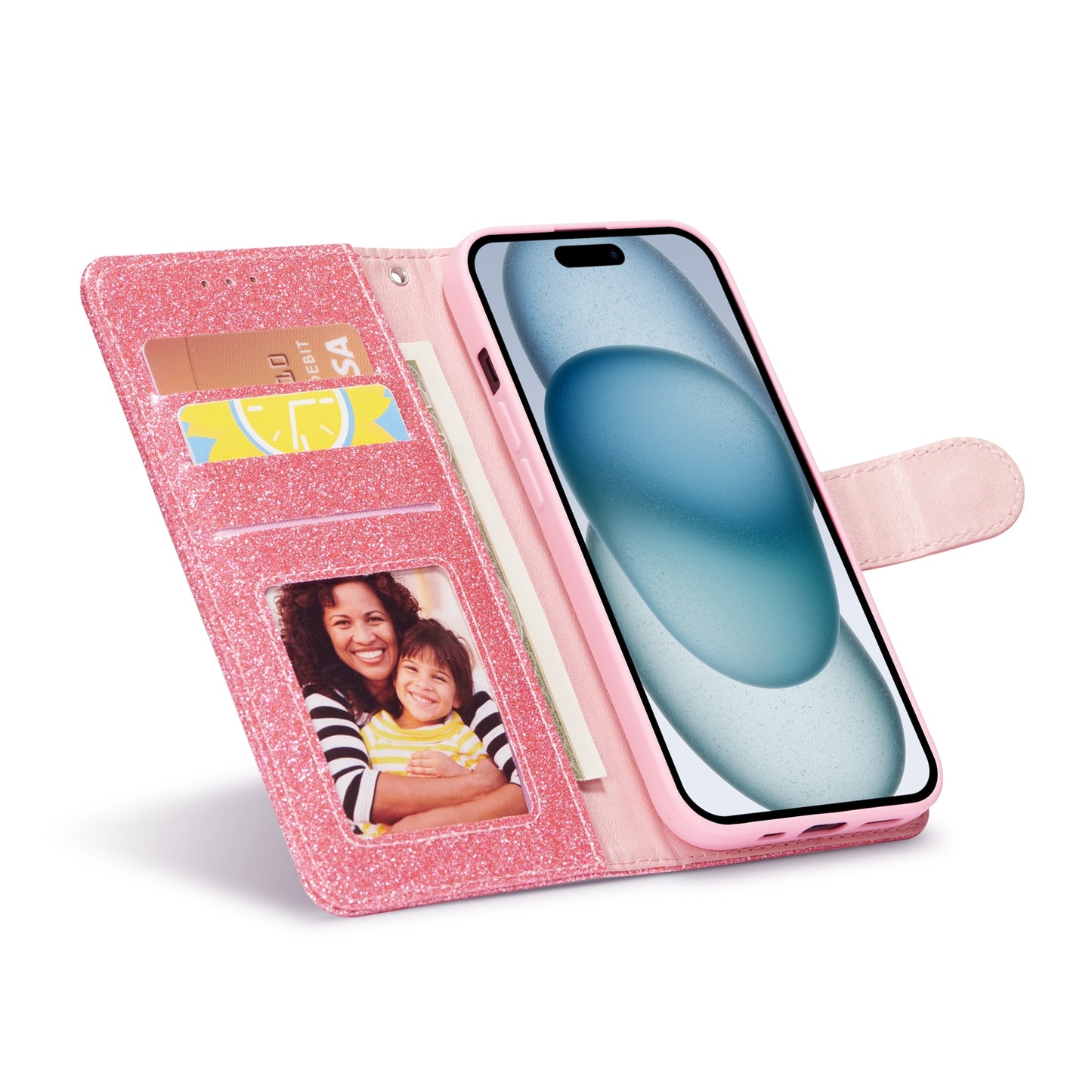 ELECTROPRIME For iPhone 15 Glitter Powder Love Leather Phone Case(Rose Red)