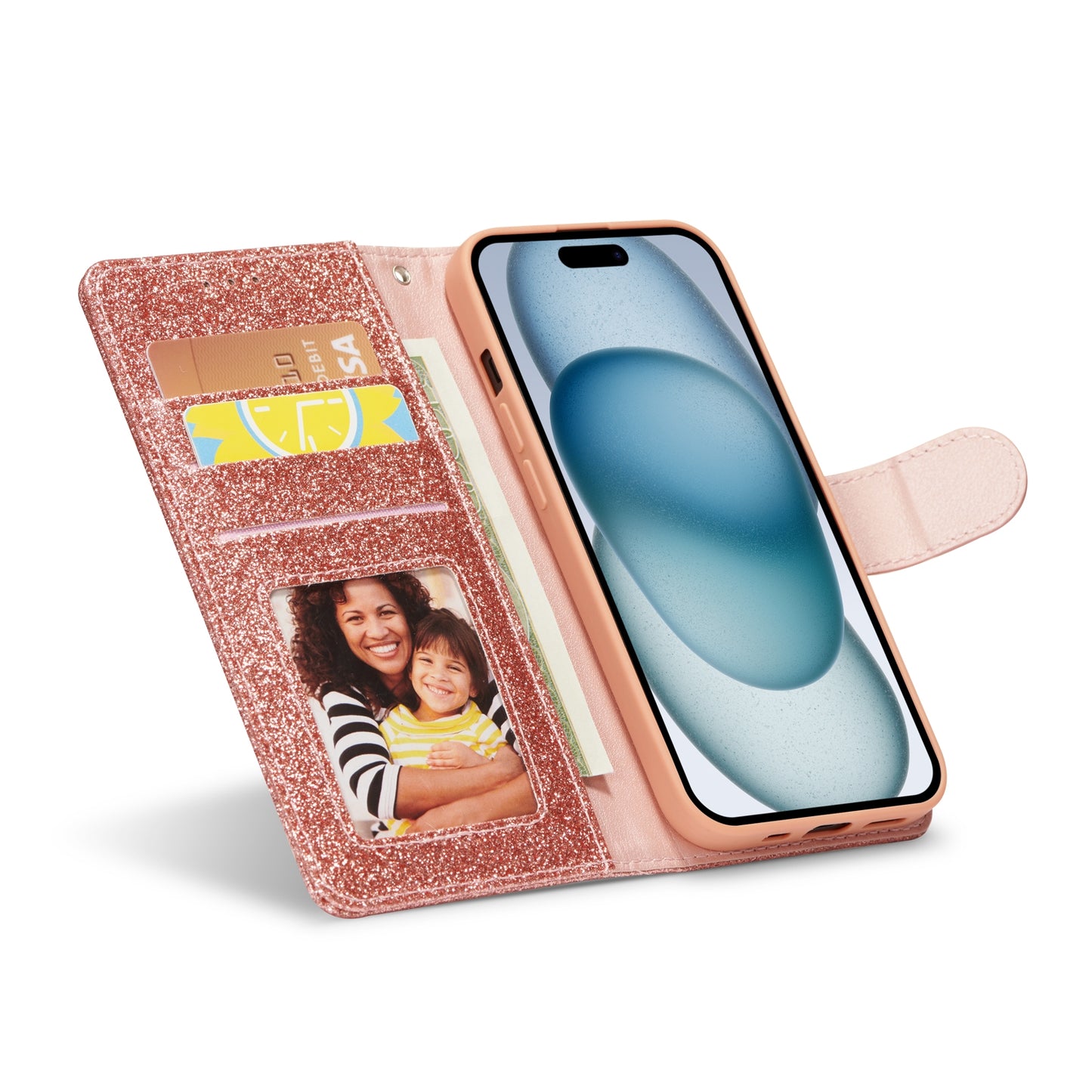ELECTROPRIME For iPhone 15 Glitter Powder Love Leather Phone Case(Pink)