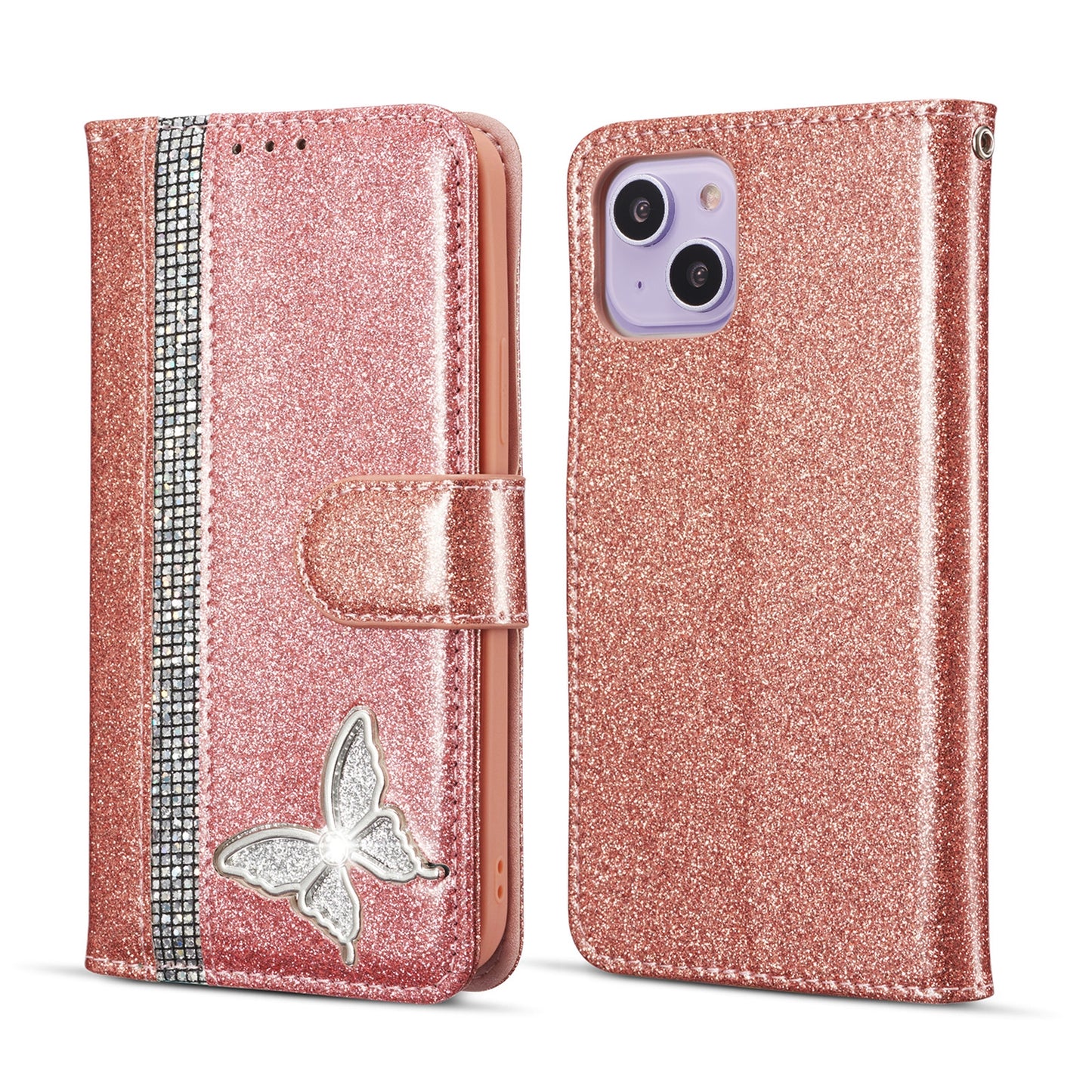 ELECTROPRIME For iPhone 15 Glitter Powder Butterfly Leather Phone Case(Rose Gold)