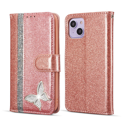ELECTROPRIME For iPhone 15 Glitter Powder Butterfly Leather Phone Case(Rose Gold)