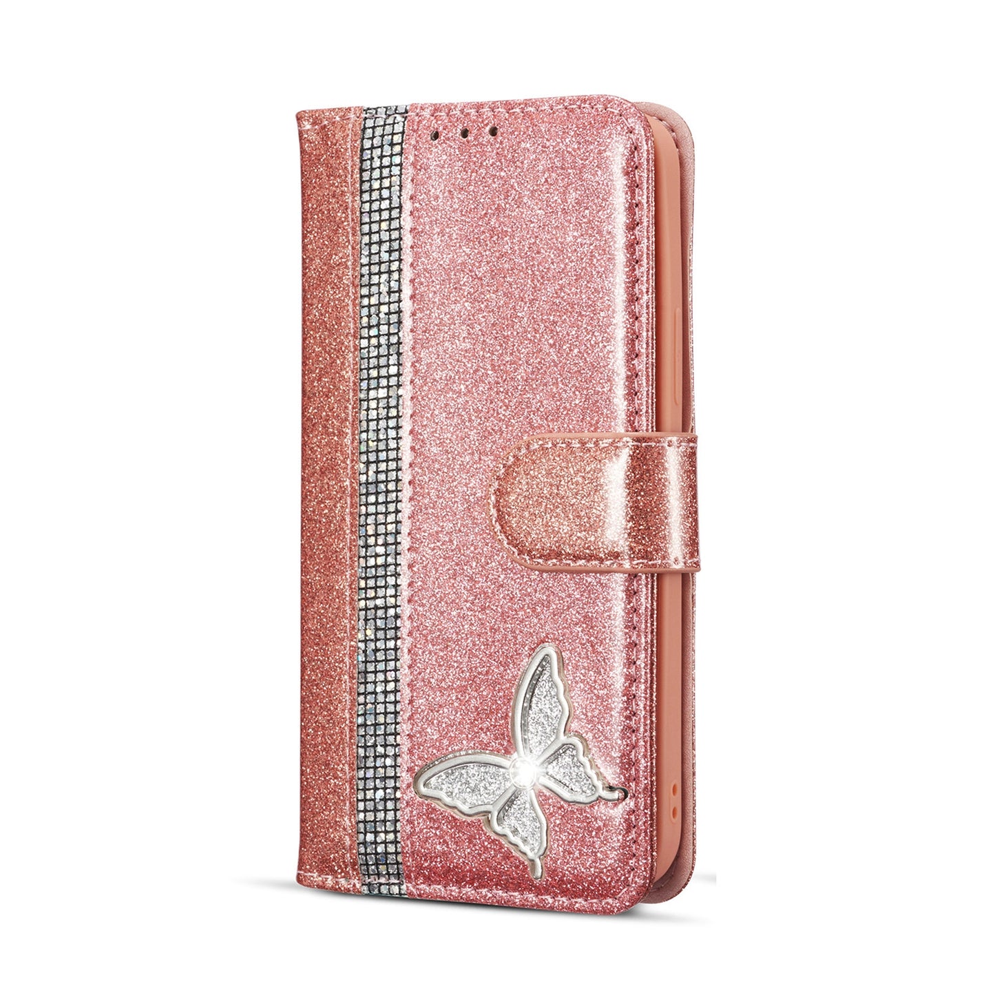 ELECTROPRIME For iPhone 15 Glitter Powder Butterfly Leather Phone Case(Rose Gold)
