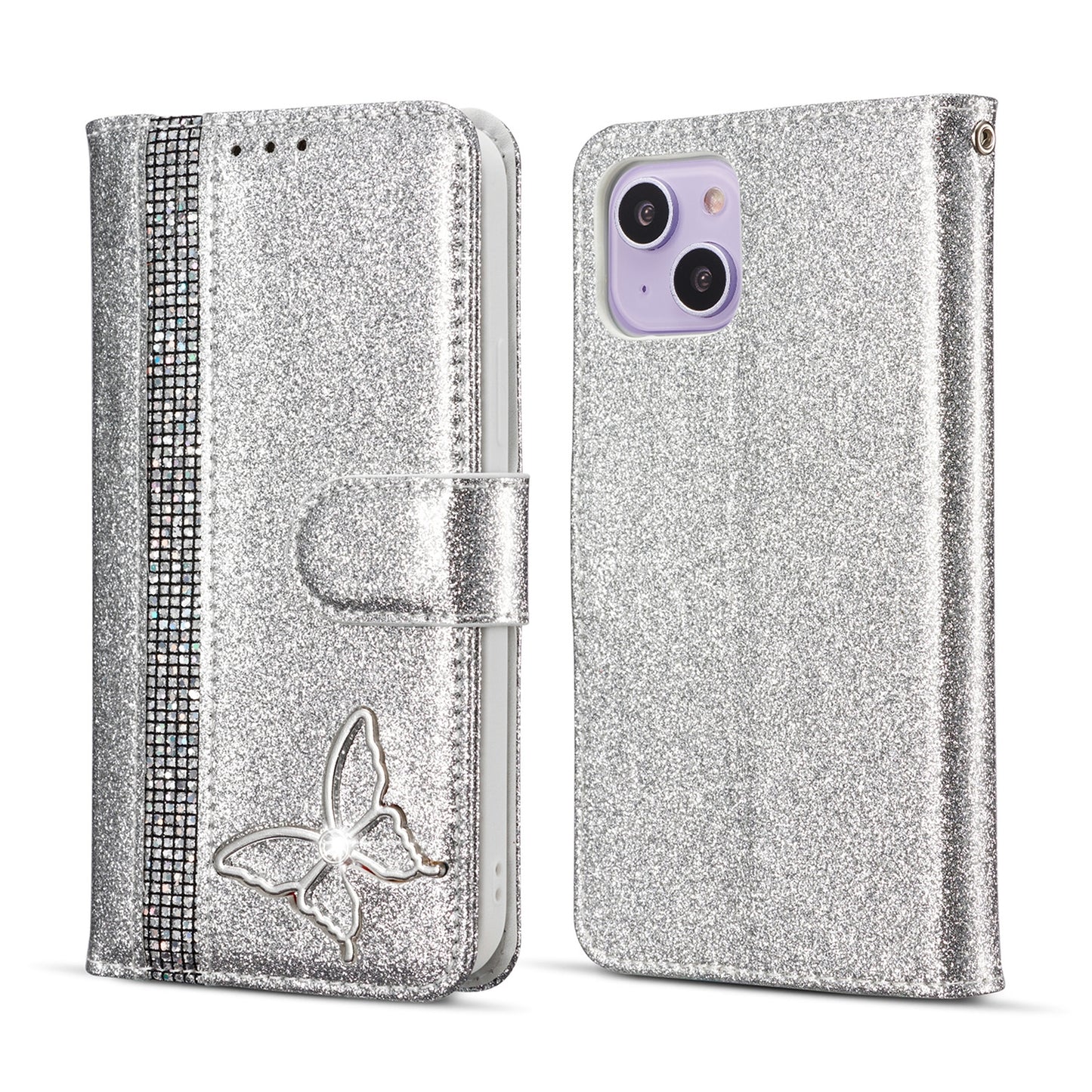 ELECTROPRIME For iPhone 15 Glitter Powder Butterfly Leather Phone Case(Silver)
