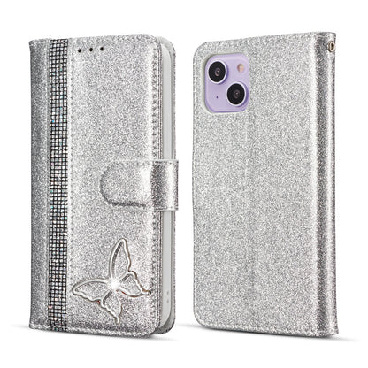 ELECTROPRIME For iPhone 15 Glitter Powder Butterfly Leather Phone Case(Silver)