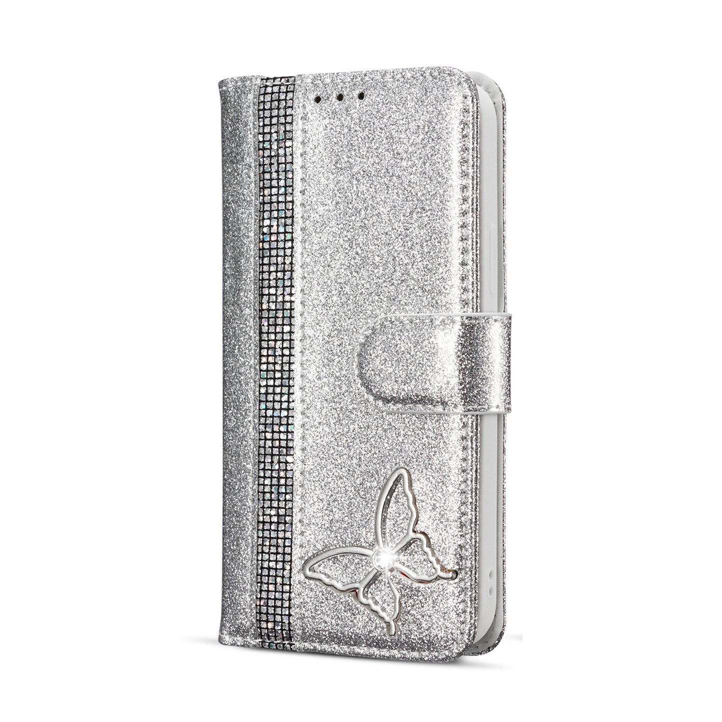 ELECTROPRIME For iPhone 15 Glitter Powder Butterfly Leather Phone Case(Silver)