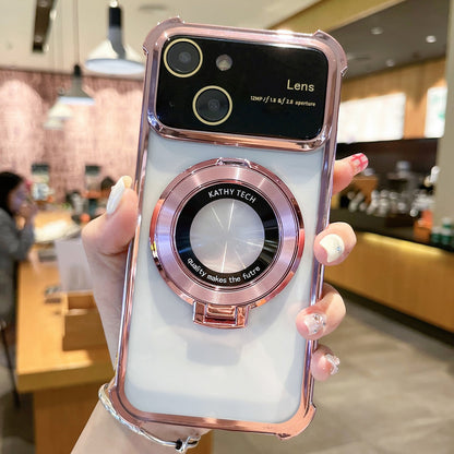 ELECTROPRIME For iPhone 15 MagSafe Holder Shockproof TPU Phone Case with Lens Film(Rose Gold)