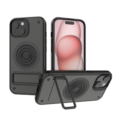 ELECTROPRIME For iPhone 15 Carbon Fiber Texture PC + TPU Phone Case with Metal Holder(Black)