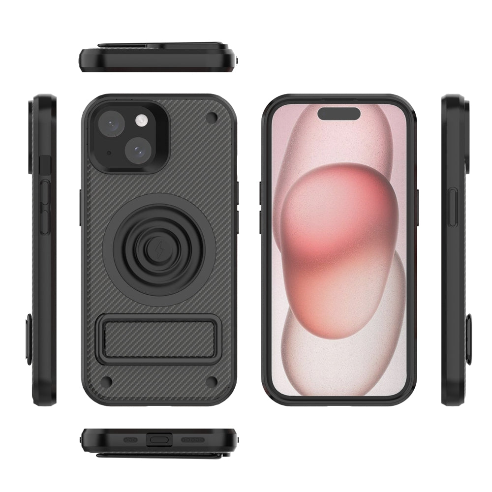 ELECTROPRIME For iPhone 15 Carbon Fiber Texture PC + TPU Phone Case with Metal Holder(Black)