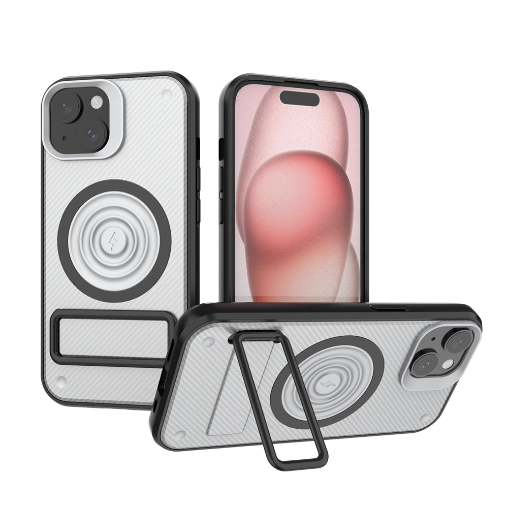 ELECTROPRIME For iPhone 15 Carbon Fiber Texture PC + TPU Phone Case with Metal Holder(White)