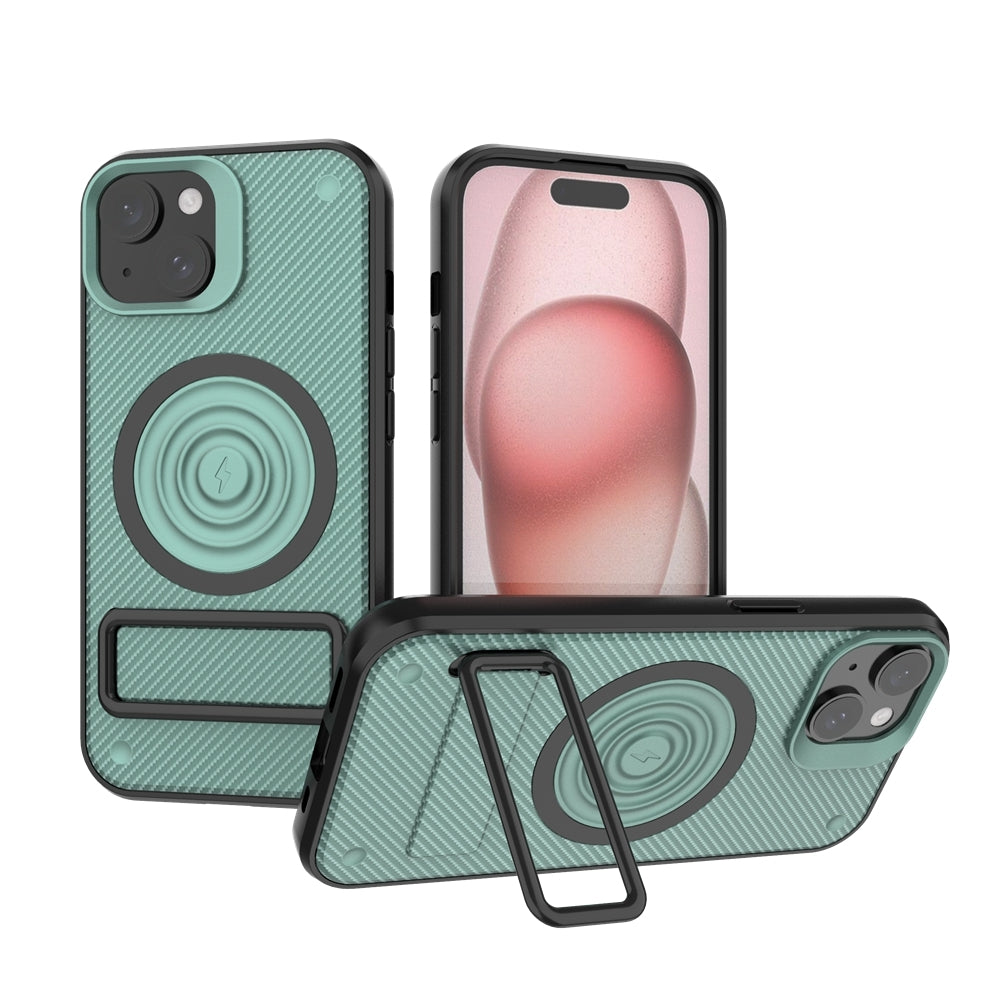 ELECTROPRIME For iPhone 15 Carbon Fiber Texture PC + TPU Phone Case with Metal Holder(Green)