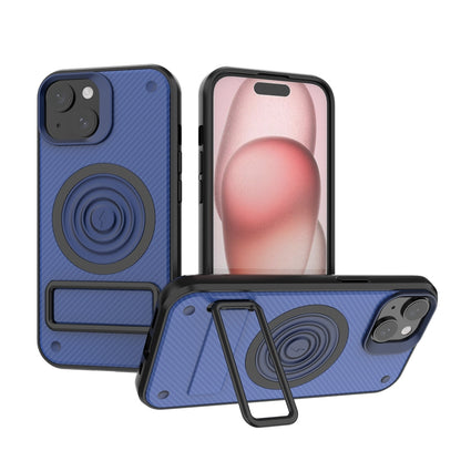 ELECTROPRIME For iPhone 15 Carbon Fiber Texture PC + TPU Phone Case with Metal Holder(Blue)