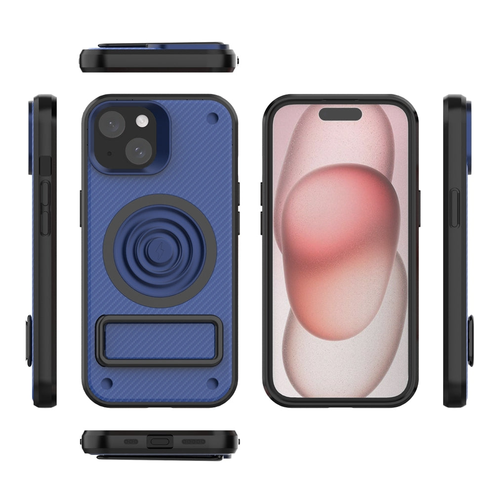 ELECTROPRIME For iPhone 15 Carbon Fiber Texture PC + TPU Phone Case with Metal Holder(Blue)
