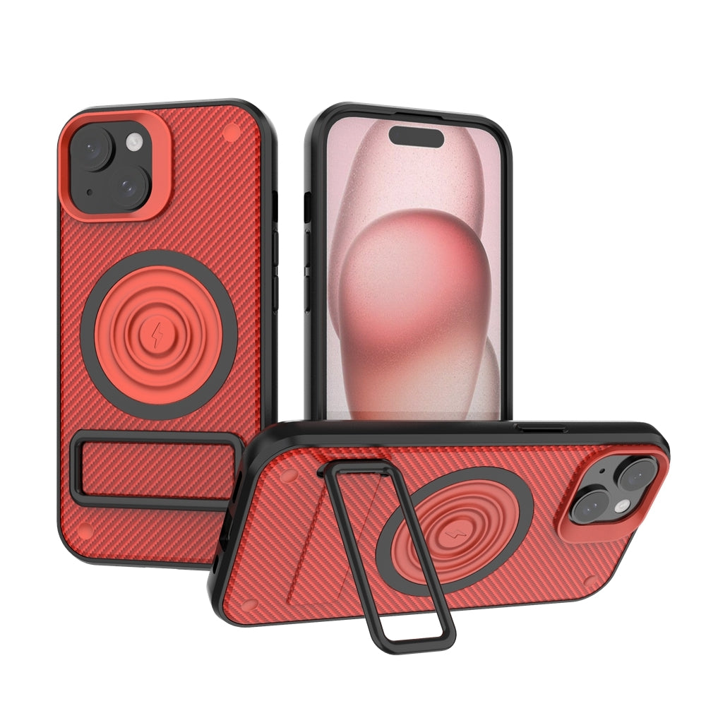 ELECTROPRIME For iPhone 15 Carbon Fiber Texture PC + TPU Phone Case with Metal Holder(Red)
