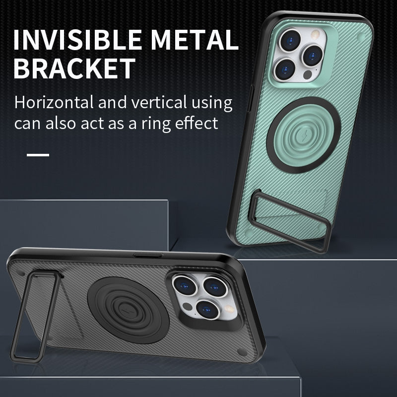 ELECTROPRIME For iPhone 15 Carbon Fiber Texture PC + TPU Phone Case with Metal Holder(Blue)
