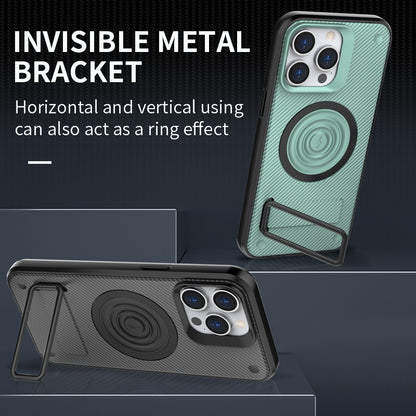 ELECTROPRIME For iPhone 15 Carbon Fiber Texture PC + TPU Phone Case with Metal Holder(Blue)