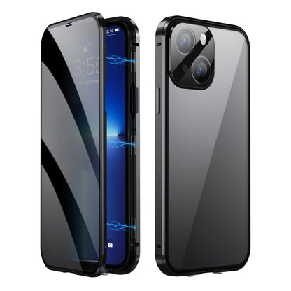 ELECTROPRIME For iPhone 15 Dual-Lock Anti-peeping Glass 360 Full Body Frosted Magnetic Phone Case(Black)