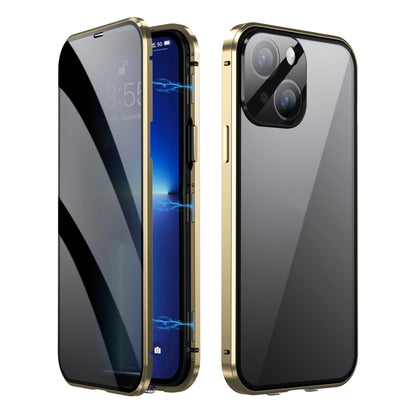 ELECTROPRIME For iPhone 15 Dual-Lock Anti-peeping Glass 360 Full Body Frosted Magnetic Phone Case(Gold)