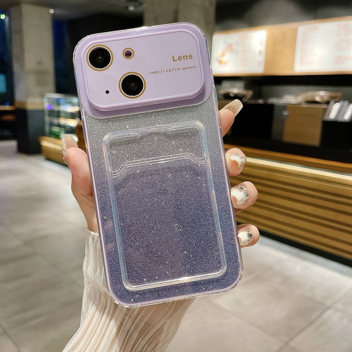 ELECTROPRIME For iPhone 15 Plus Large Window Gradient Glitter Phone Case with Card Slot(Light Purple)