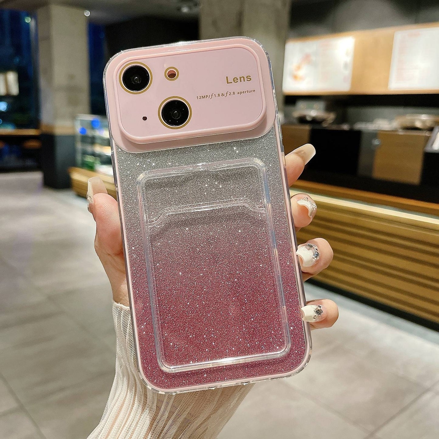 ELECTROPRIME For iPhone 15 Large Window Gradient Glitter Phone Case with Card Slot(Pink)