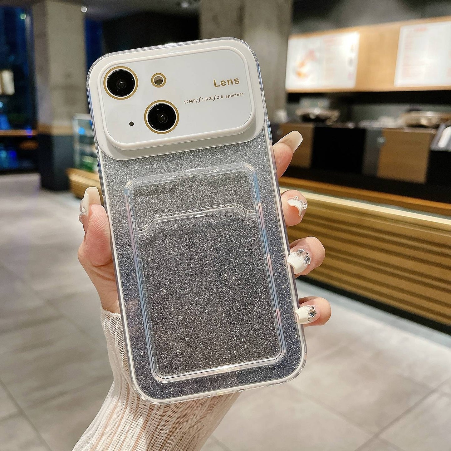 ELECTROPRIME For iPhone 15 Large Window Gradient Glitter Phone Case with Card Slot(White)