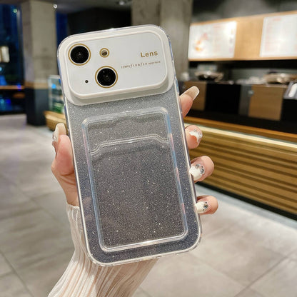 ELECTROPRIME For iPhone 15 Large Window Gradient Glitter Phone Case with Card Slot(White)